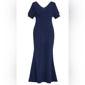 Badgley Mischka (navy blue long dress with slit and puffed short sleeves) size 8